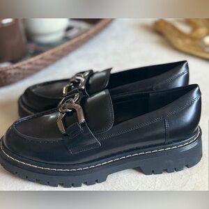 Marc Fischer Black Leather Platform Loafers with Chain Detail in size 8.5 NWT